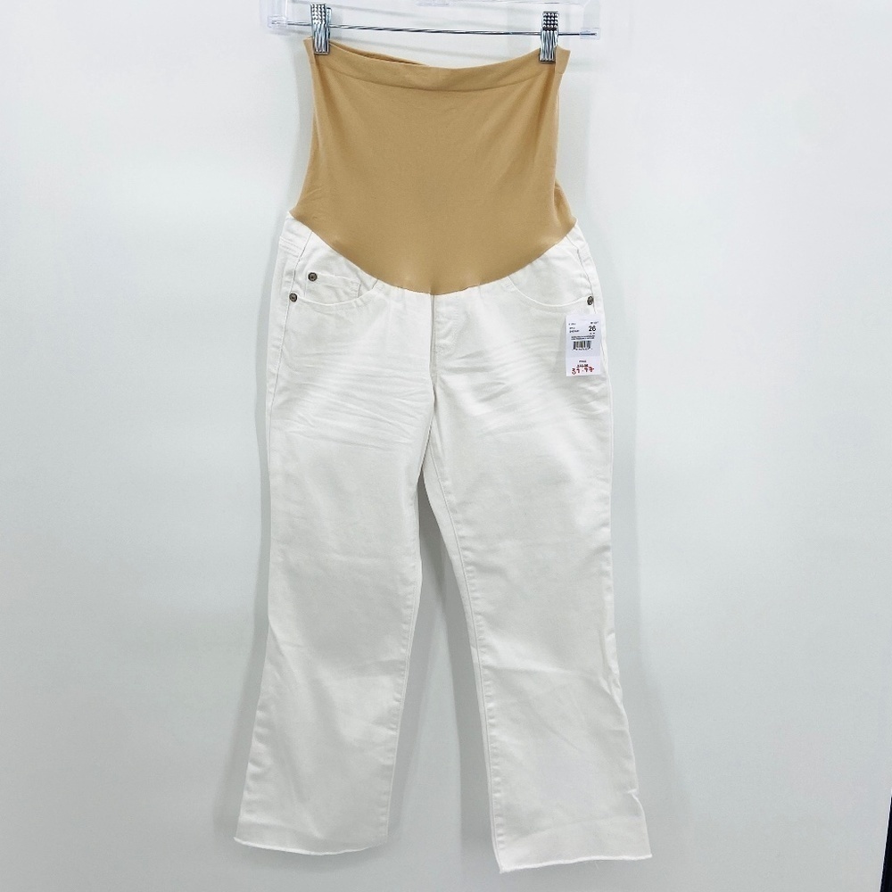 NWT LUXE ESSENTIALS White Fit Belly Raw Hem Cropped Maternity Jeans Size 26